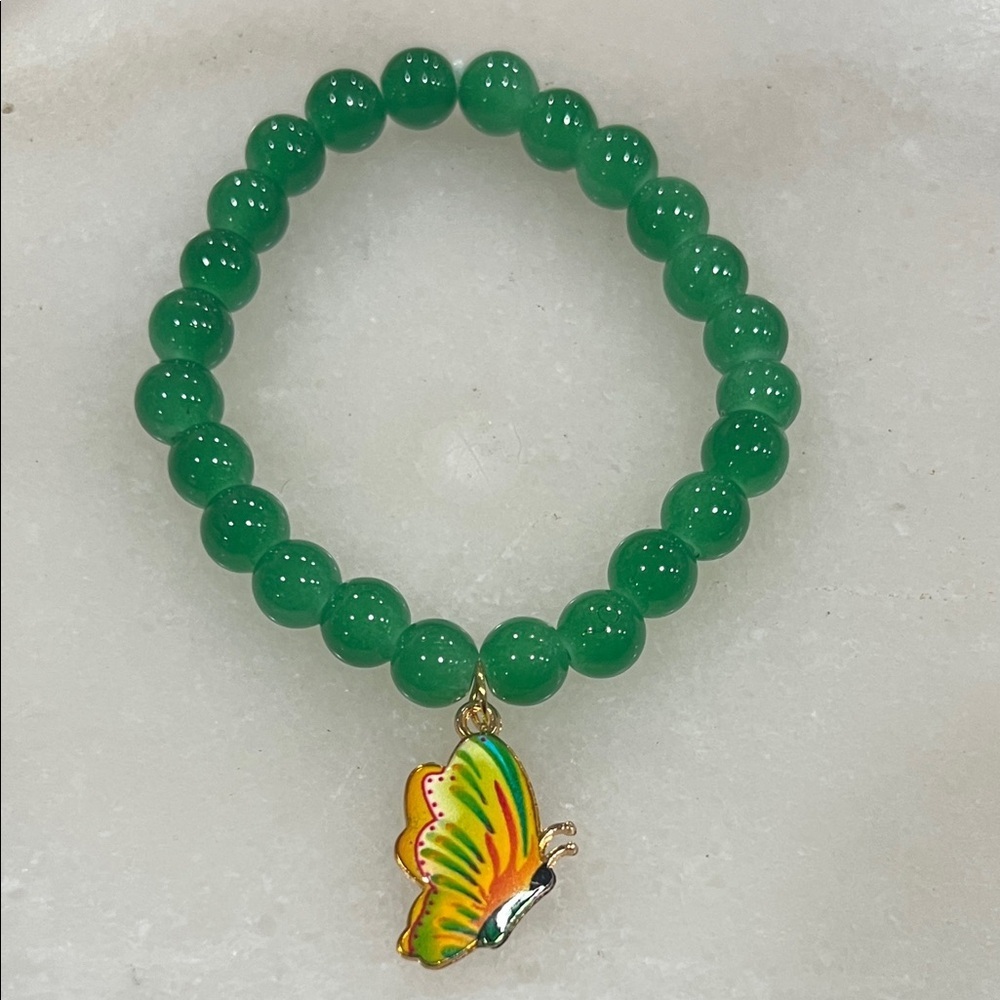 Green Beaded Bracelet with Butterfly Charm